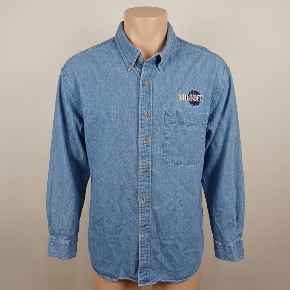Lands' End Men's Larg 16-16.5 Denim Shirt MILSOFT Made in USA Long Sleeve Cotton